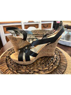 Guess Black Cork Wedge Sandals Adj. Strap Womens Sz 6 U1b